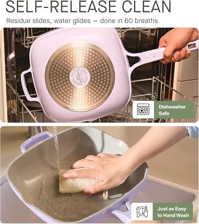 10.5 Inch(3.8QT) Deep Frying Pan,Non Stick Frying Pans Cast Aluminum,Ti-Ceramic Non Toxic Pix Pan with Lid,Natural Wooden Spatula and Loofah Scrubber-Midnight Hearth