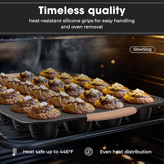 11-Piece Baking Pans Set, Nonstick Bakeware Sets, Oven Pans for Baking with Silicone Handles, Includes Cookie Sheet, Cake Pans, Loaf Pan, Pizza Pan, Muffin Pan, Khaki&Black¡­