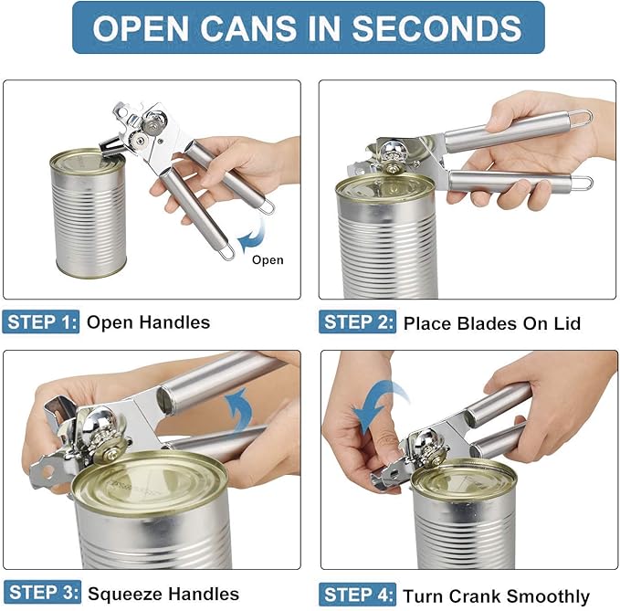 Stainless Steel Can Opener Manual Food-safe Good Grips with Built-in Bottle Opener Smooth Edge Stainless Steel Sharp Blade Safe Cover for Beer/Tin/Bottle, Food Grade-Silver