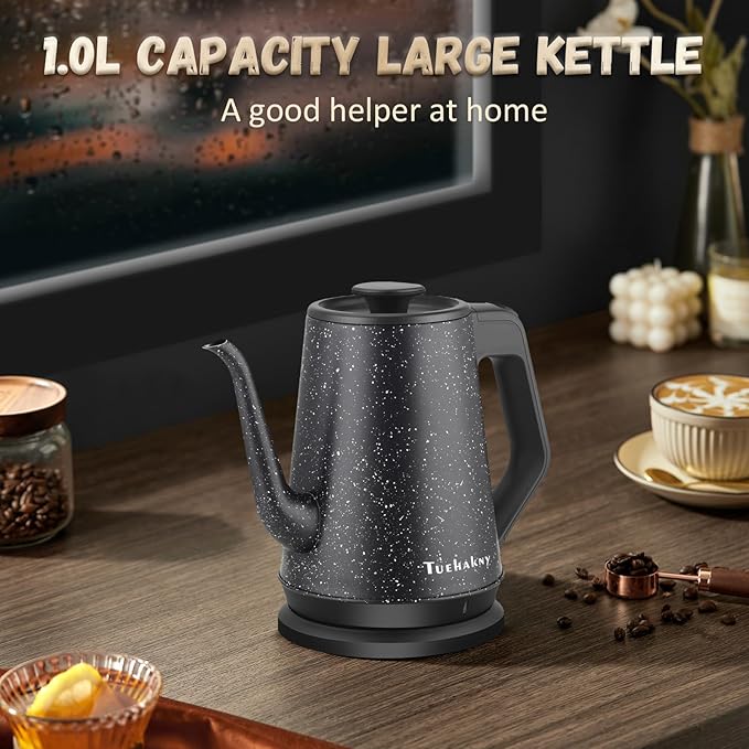1l Electric Kettle 1000w, Quick Heat-Up In 3 Min, Black Stainless Steel Kettle With Star Design (Bpa-Free), Automatic Shut-Off, Compact For Office/Travel/Kitchen