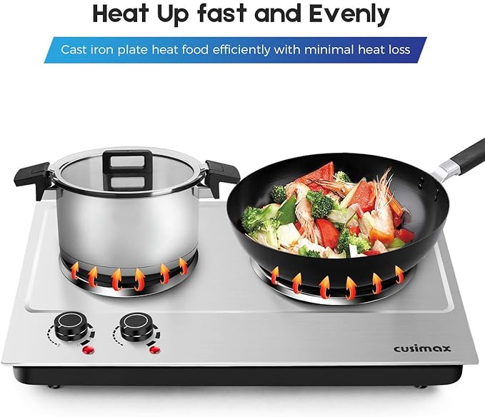 Hot Plate,Cusimax Double Burner 1800W Cast Iron Heating Plate,Electric Stove with Adjustable Temperature Control,Stainless Steel,Suitable for Various Scenarios Upgraded Version
