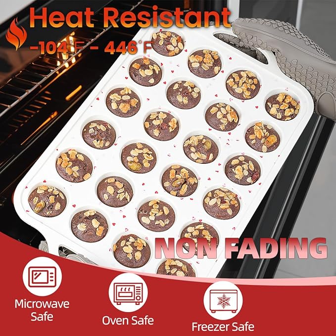 CAKETIME Mini Cupcake Pan, Metal Reinforced Frame Silicone Mini Muffin Pan Nonstick 24 Cups with Handle for Valentine's Day Baking Muffins, Cupcakes, Egg Bites 1 Pack