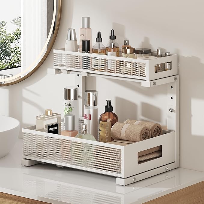 2-Pack Under Sink Storage Organizer, Large 2-Tier Elegant Mesh Pull Out Shelf for Kitchen and Bathroom Cabinet Organization, L-Shaped and Adjustable Height Design for Maximum Space Efficiency-White