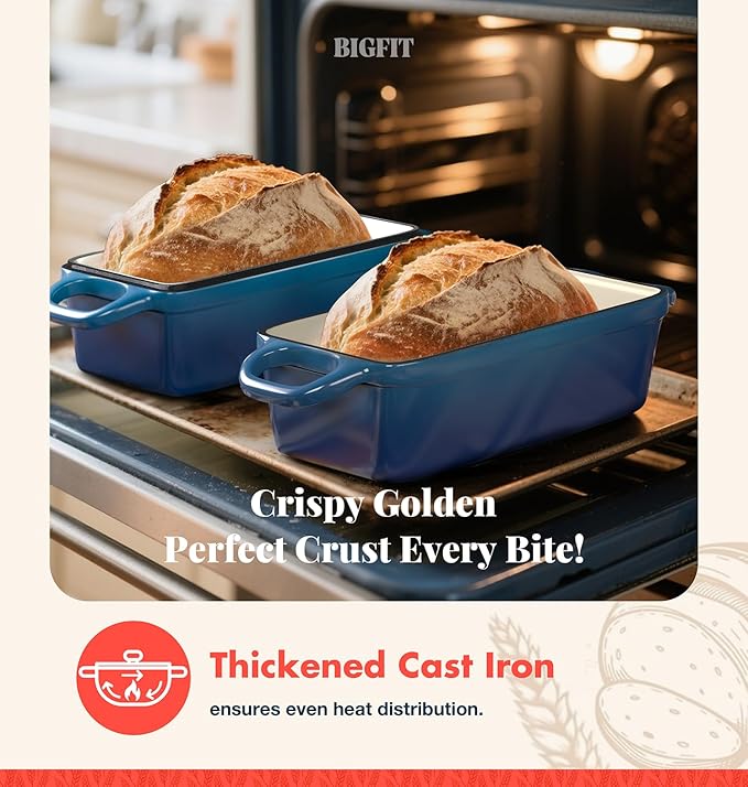 2 IN 1 Cast Iron Bread Loaf Pan with Lid, 3.4QT 9x5 Inch Dutch Oven for Bread Baking, Even Heating Bread Oven, Enameled Bread Pan for Homemade Sourdough Bread Baking & Versatile Cooking, Blue