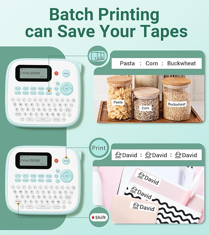 Label Maker, D210S Label Maker Machine with 4 Laminated Tapes, 12mm Labeler Labelmaker with QWERTY Keyboard, Print Different Fonts Frame Barcode for Home Office School, Green