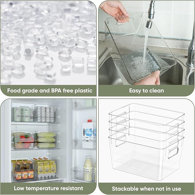 BALEINE Clear Plastic Storage Bins, Pantry Organization, BPA Free Stackable Refrigerator Organizers and Storage with Handles for Kitchen Fridge Cabinet Bathroom (6PK, 9.5x5.5x4.5)