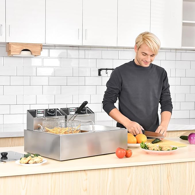 Commercial Deep Fryer with Baskets, 3400W 12.7QT/12L Thickened Stainless Steel Countertop Electric Oil Fryer, Large Capacity with Temperature Control, silver