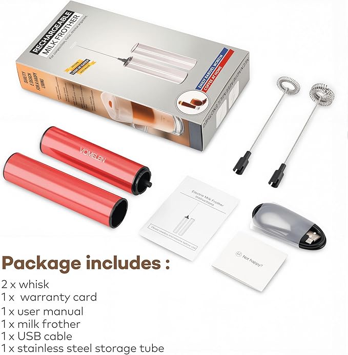 Milk Frother, Rechargeable Battery Operated Frother for Coffee,Portable Drink Mixer with 2 Stainless Steel Whisk Heads,Milk Foamer for Keto Coffee, Latte, Cappuccino, Hot Chocolate,Rube Red