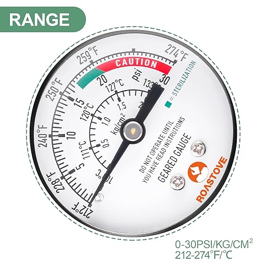 Roastove Black case Pressure Cooker Gauge, Pressure Canner Gauge, Steam Pressure Gauge, 2" Dial, Lower Mount, Including Gasket, Nut