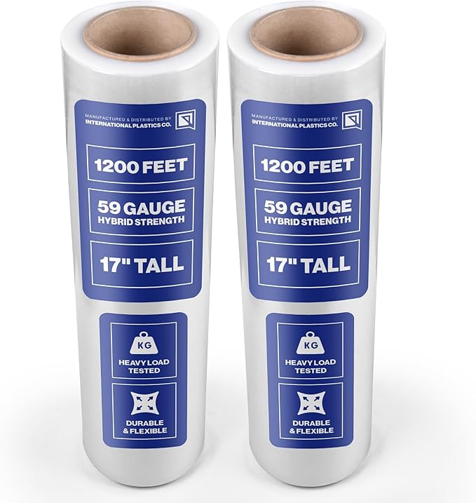 International Plastics Co. 17" Plastic Stretch Film Wrap 2 Pack 1200ft 500% Stretch Clear Cling Durable Adhering Packing Moving Packaging Heavy Duty Shrink