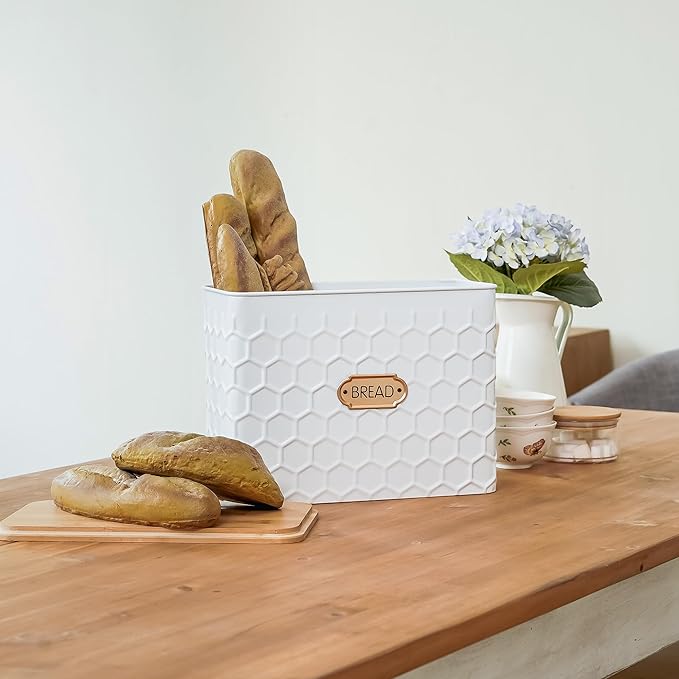 NIKKY HOME Extra Large Space Saving Farmhouse White Bread Box With Bamboo Lid - Holds 2 Loaves - Vertical Breadbox Bread Storage Bin Holder for Kitchen Countertop, Honeycomb Embossed Pattern