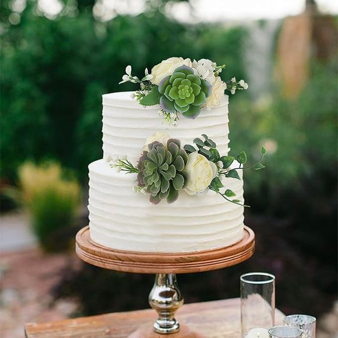 Rinlong Pre-made 3Pcs Faux Succulent Cake Decorating Flowers Cake Toppers Green Cake Decorations Wedding Birthday Baby Shower Spring Cake Decor Topper