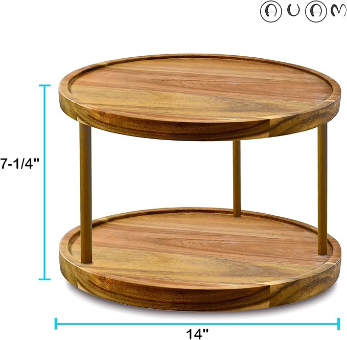 14" Two-Tier Acacia Wood Lazy Susan Organizer Kitchen Turntable for Cabinet Pantry Table Organization