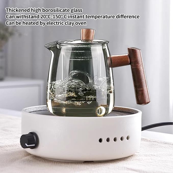 Glass Teapot,18.6oz/550ml Glass Tea Kettle With Wooden Handle,Stovetop & Microwave Safe Glass Borosilicate Teapot,Teapot With Infuser
