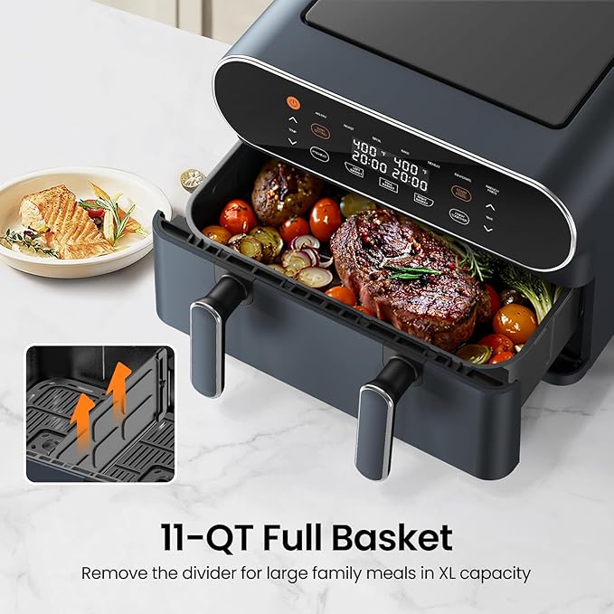 11-QT Large Air Fryer - 8 in 1 XL Airfryer with Flex Basket, Divider for Dual Cooking, Preheat, Air Fry, Roast, Broil, Bake, Reheat, Dehydrate, French Fries Dishwasher Safe, Gray