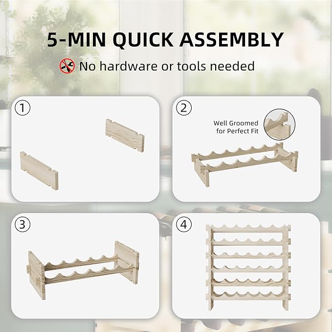 Modular Real Wood Wine Storage Racks - Stackable Wine Rack, Free Standing Floor Wooden Wine Rack, Premium Wine Storage Rack Elegant Display and Organizing for Kitchen and Cellar 8 Tier 72 Bottles