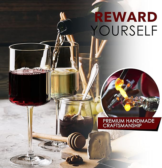 Chouggo Square Wine Glasses Set of 6, Hand Blown Crystal Red Wine or White Wine Glass 11.4Oz - Hand Crafted by Artisans - Gifts for Women, Men, Wedding, Anniversary, Christmas, Birthday