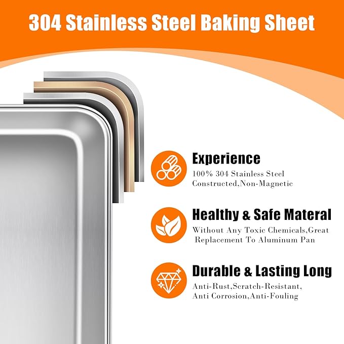 Non-Stick 304 Stainless Steel Baking Sheet Pan - 12"x9"x2" Multipurpose Dishwasher Safe Cookie Sheet | Healthy, Warp & Rust Resistant Bakeware for Pizza, Lasagna, Roasting