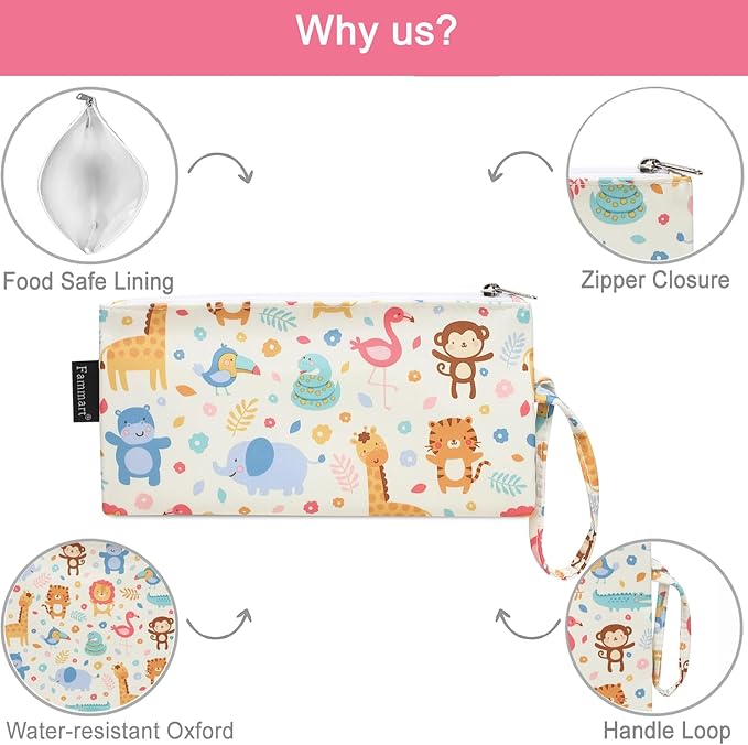 Reusable Sandwich Bag/Snack Bag for Kids & Adults, Dual Layer Lunch Bag with Handle, Washable, Food Safe, BPA Free (2-Pack, Zoo)