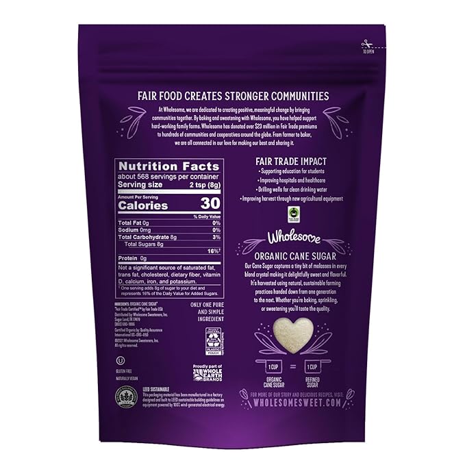 Wholesome Sweeteners 10-Pound Organic Cane Sugar, Fair Trade, Non GMO, Gluten Free, Pure & Vegan, for Baking and Sweetening