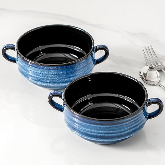 Hasense Ceramic Soup Bowls, 20oz French Onion Soup Bowls with Handle Set of 2, Serving Bowls for Chili, Stew, Salad, Microwave & Dishwasher Safe Soup Crocks, Blue