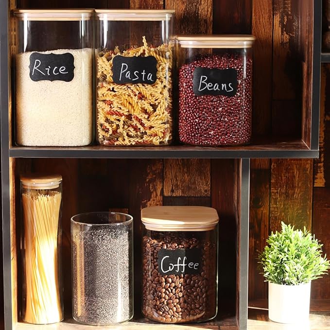 Large Glass Flour and Sugar Containers, Set of 2-120 oz Glass Food Storage Containers with Airtight Lids, Square Glass Jars with Bamboo Lids for Rice, Pasta, Cookies, Sugar