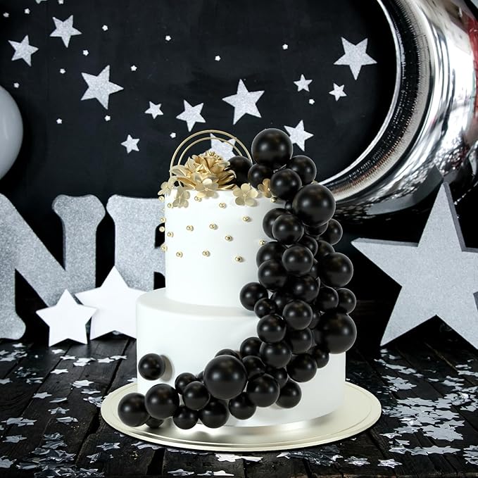 48 Pcs Balls Cake Topper Decorations Balloon Cupcake Toppers Foam Cake Topper Balls Cake Balls Decorations for Birthday Party Wedding Anniversary Cake Decorating (Black)