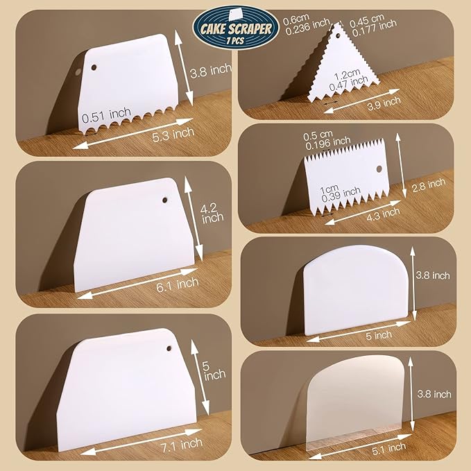 Teenitor Cake Scraper Cake Smoother, 7 Pcs Dough Scraper Bowl Scraper Cake Cutter Cake Spatula Bench Scraper Kitchen Plastic Scraper Tool Cake Decorating Kit