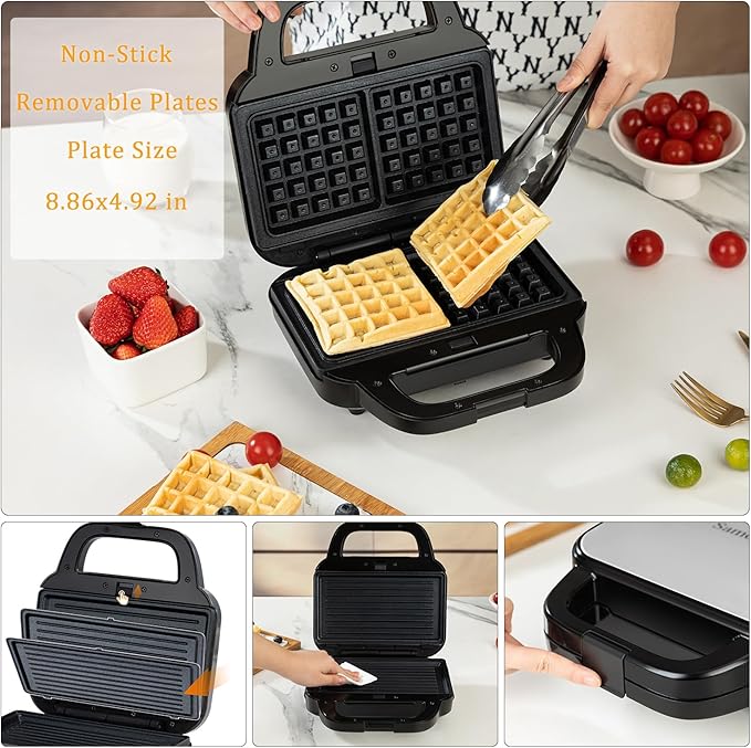 Samoris Waffle Iron, 8 inch 2 Slice Non-Stick Removable Plates for Easy Cleanup, Sandwich Maker,Make Breakfast and Snacks, LED Indicator Lights, Cool Touch Handle, 870W Black and Silver