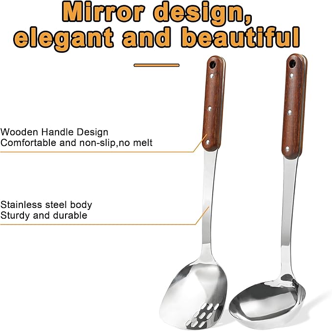 FJNATINH Stainless Steel Wok Spatula and Ladle Tool, Mirror Polished Cooking Utensils Set Metal Wok Accessories with Wooden Handle,Easy to Clean Kitchen Utensils,Sliver