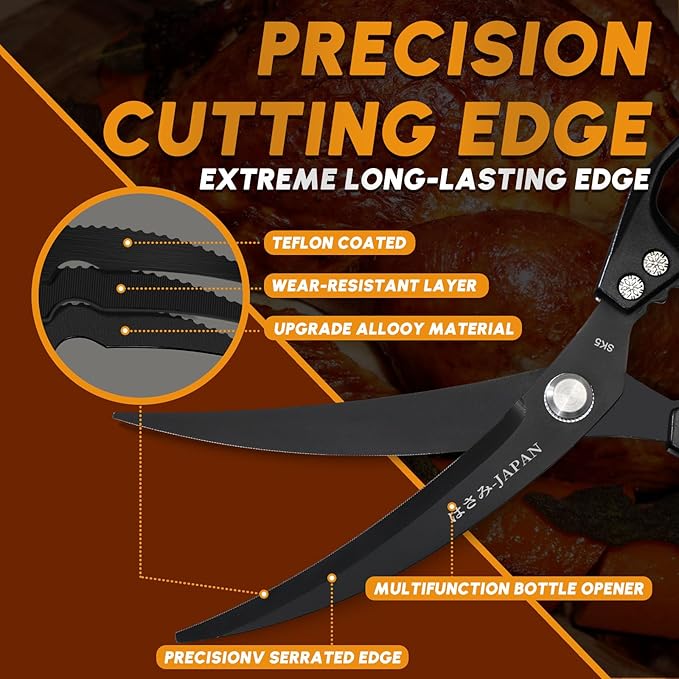 HUUSK Kitchen Scissors Set Black - Stainless Steel Kitchen Shears, Sharp Meat Scissors Dishwasher Safe, Heavy Duty Poultry Shears all Purpose, Japanese Cooking Scissor for Food, Chicken, and Turkey