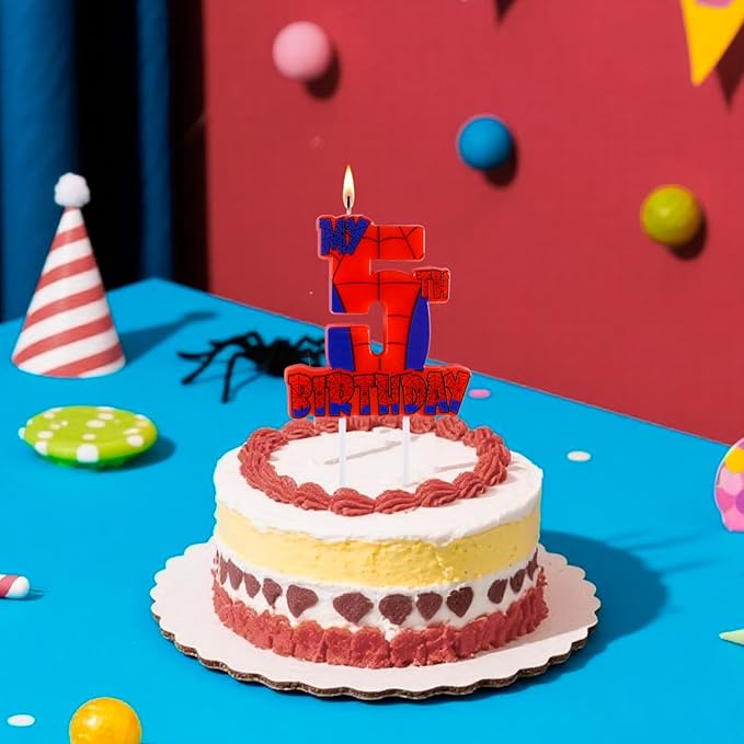 Spider Birthday Party Decorations, Number 5 Red Spider Web Happy Birthday Cake Candle for Boys Girls Spider Web 5th Birthday Party Supplies (Spider Web 5th Candle)