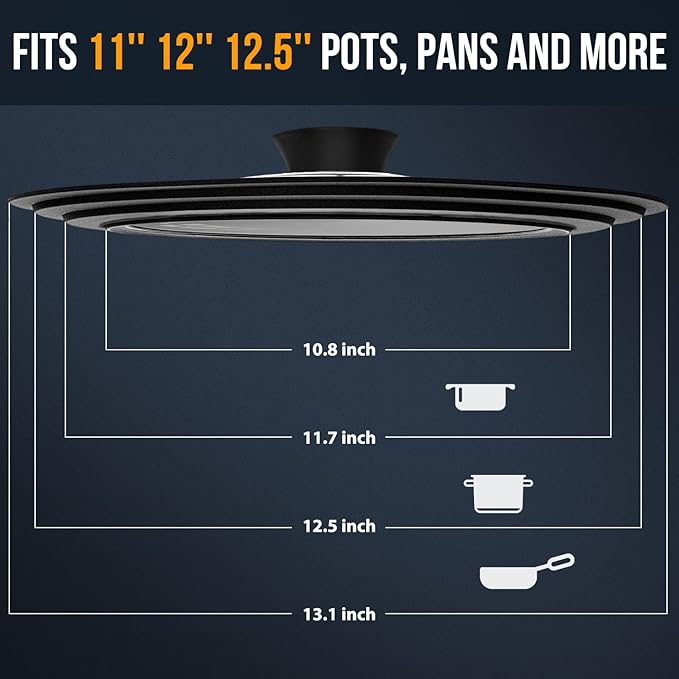 Universal Lid for Pots, Pans and Skillets - Tempered Glass with Heat Resistant Silicone Rim, Fits 11", 12" and 12.5" Diameter Cookware