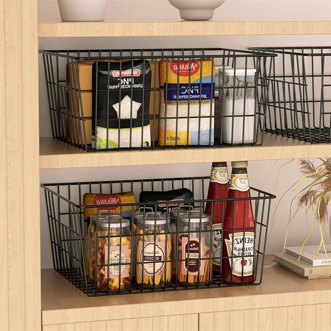 SANNO Freezer Baskets Metal Storage Organizer Bin Basket Wire Storage Basket for Kitchen Pantry Bathroom Large Metal Farmhouse Food Fruit Produce Organizer Bins,black,2