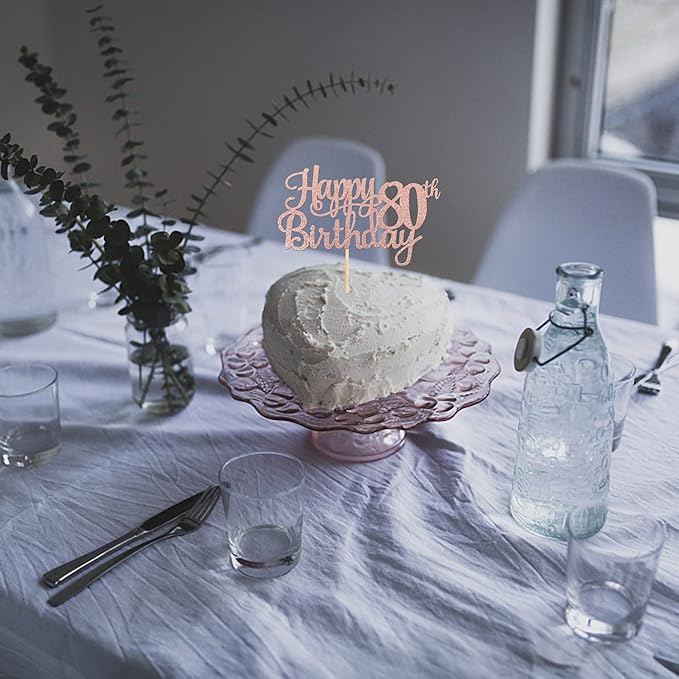 1 PCS Happy 80th Birthday Cake Topper Glitter Cheers to 80 Years Birthday Cake Pick 80 Fabulous Cake Decoration for Happy 80th Birthday Theme Party Decorations Supplies Rose Gold