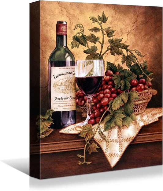 Looife Vintage Wine Bottle & Grapes Canvas Wall Art - Kitchen, Dining Room, Bar Decor - 24x32 inch, Ready to Hang Modern Art Deco