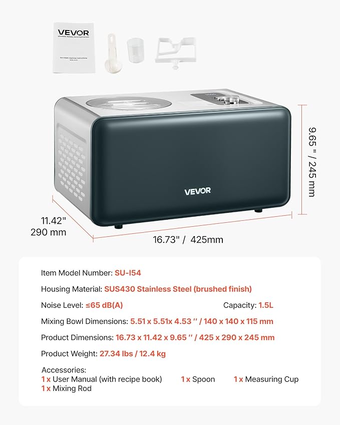 VEVOR Automatic Ice Cream Maker with Built-in Compressor, 1.5 Quart No Pre-freezing Gelato Maker, Stainless Steel Electric Sorbet-Maker, 3 Modes Compressor Ice Cream Machine for Home Kitchen