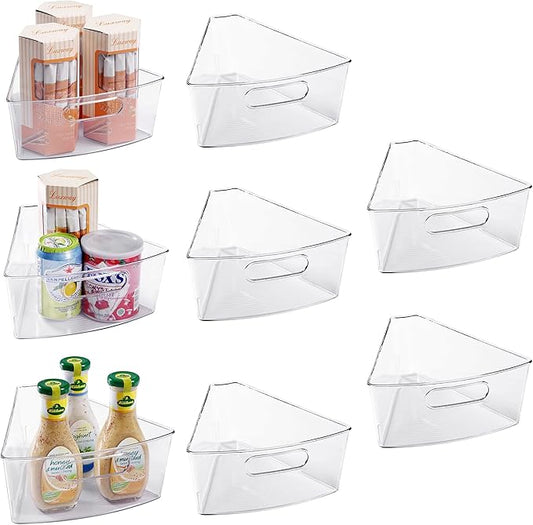 Oubonun Lazy Susan Organizers Set of 8, 10.2”x 9.4”x 4” Plastic Transparent Kitchen Cabinet Storage Bins with Handle, 4" Deep Container, 1/8 Wedge - Food Safe, without BPA