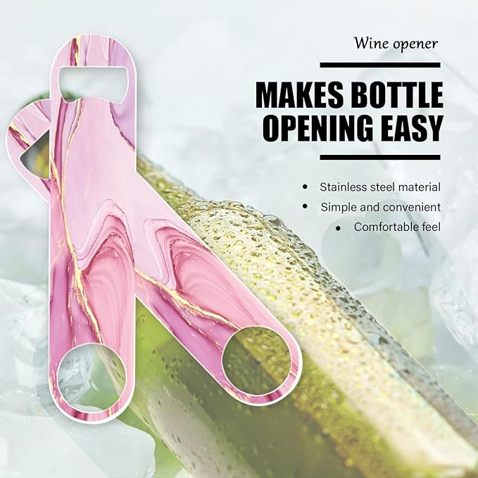 2 PACK Beer Bottle Opener, Stainless Steel Flat Bottle Openers,7 inch Metal Decor,Pink And Gold Marble