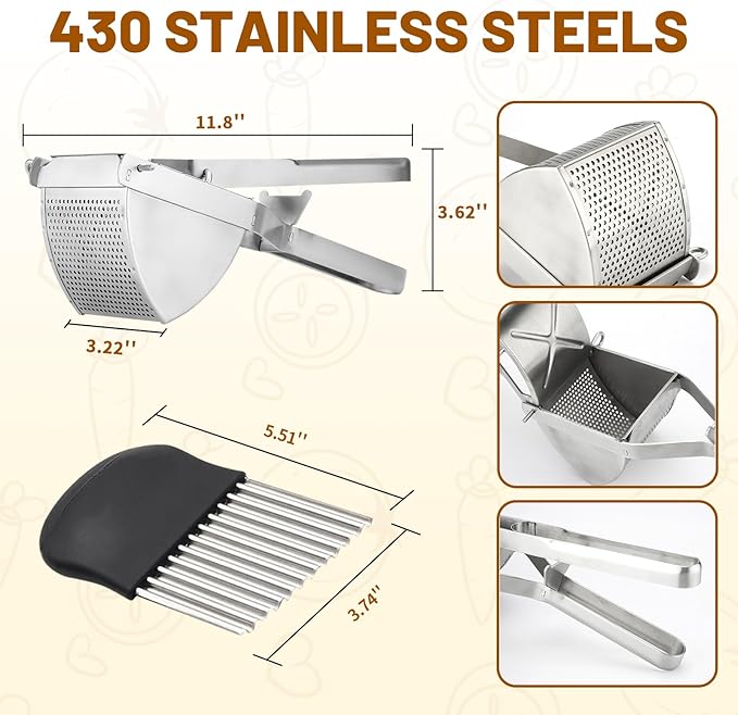 Heavy Duty Stainless Steel Professional Ricer for Mashed Potatoes and Ricer Kitchen Tool, Mash Potato Masher for Creamy Mashed Potatoes (Potato Ricer Set)