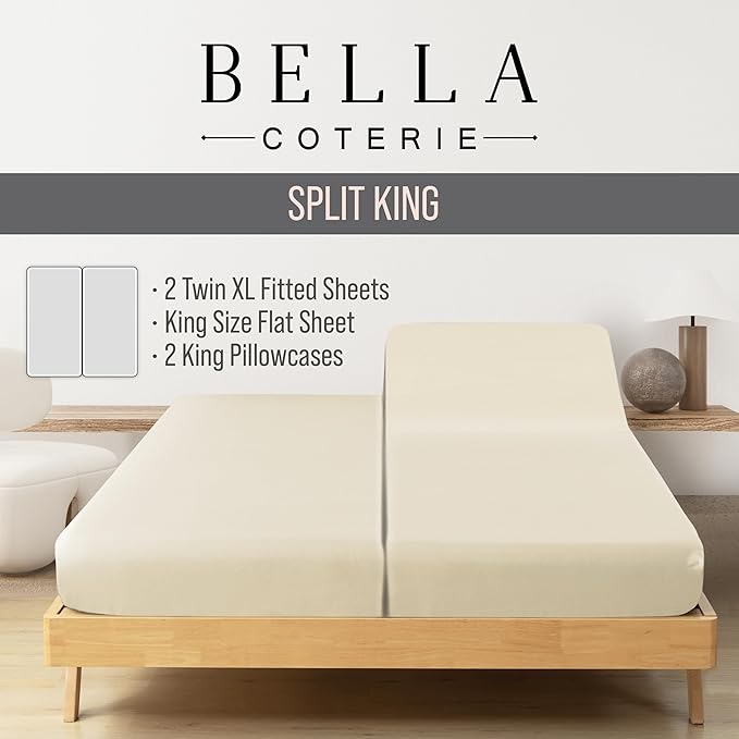 Bella Coterie Luxury Bamboo Viscose Split King Size Sheet Set | 100% Organically Grown | Ultra Soft | Cooling for Hot Sleepers | 18" Deep Pocket [Ivory]