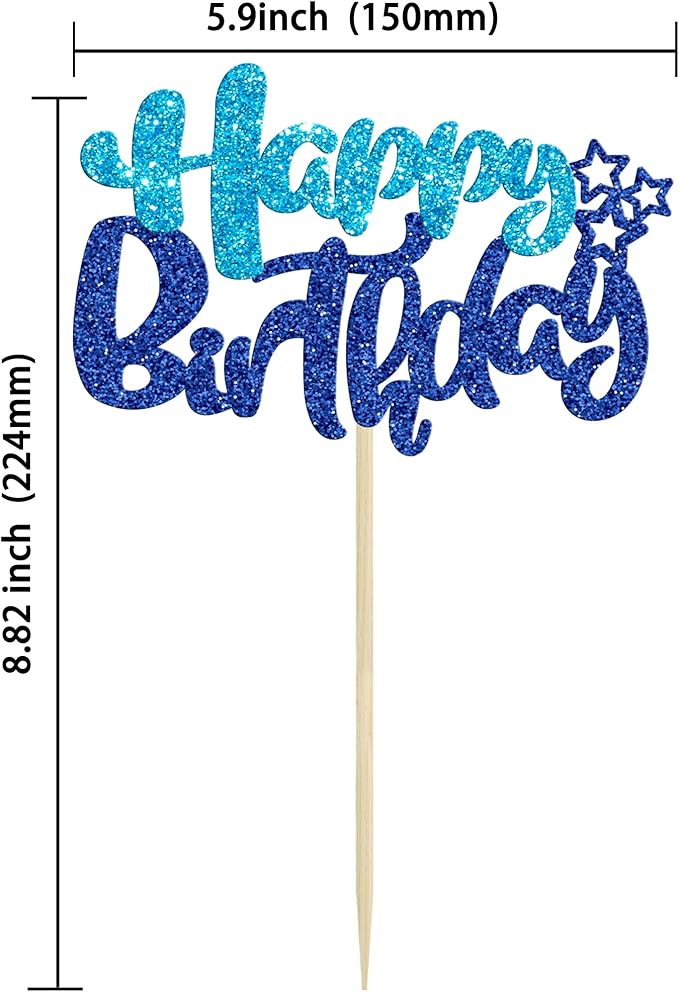 Ephlyn 24Pcs Happy Birthday Cupcake Toppers Double Layer Glitter Happy Birthday Cake Decorations for Baby Shower Theme Kids Boys Girls Birthday Anniversary Party Decorations Supplies Blue