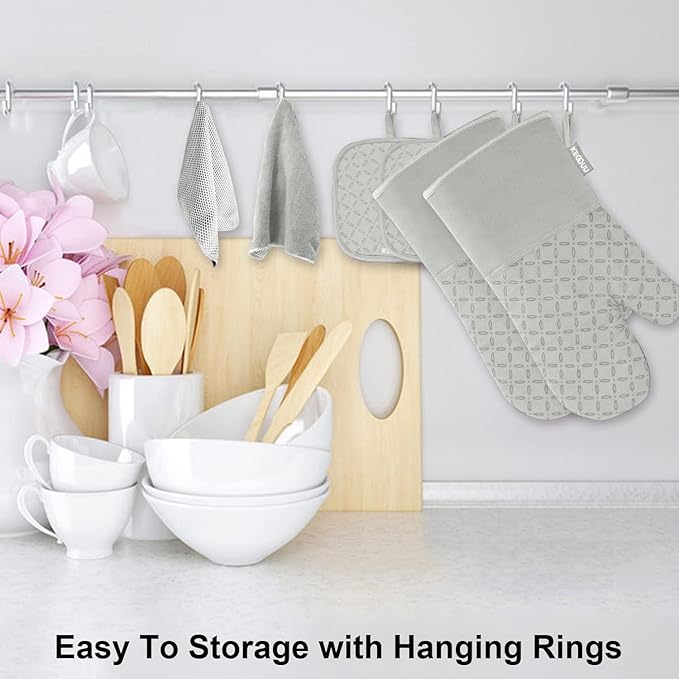 KEGOUU Oven Mitts and Pot Holders 6pcs Set, Kitchen Oven Glove High Heat Resistant 500 Degree Extra Long Oven Mitts and Potholder with Non-Slip Silicone Surface for Cooking （Greenish Gary）