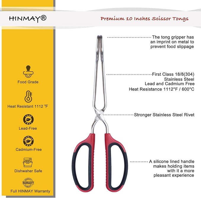Stainless Steel Scissor Tongs with Comfort-Grip Handle 10-Inch