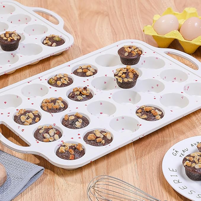 CAKETIME Mini Cupcake Pan, Metal Reinforced Frame Silicone Mini Muffin Pan Nonstick 24 Cups with Handle for Valentine's Day Baking Muffins, Cupcakes, Egg Bites 1 Pack