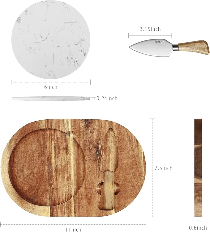 hecef Oval Wooden Cheese Board Set, Acacia Wood Cheese Serving Board with White Marble & Cheese Knife, Cheese Serving Tray for Cheese, Cake, Appetizers
