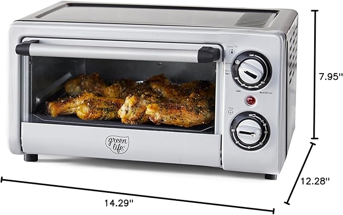 GreenLife Countertop Toaster Oven Air Fryer Stainless Steel, Healthy Ceramic Nonstick, PFAS and PFOA-Free, Tray & Basket, Bake, Broil, Reheat, Adjustable Temp & Time Control, Auto Shutoff, Black