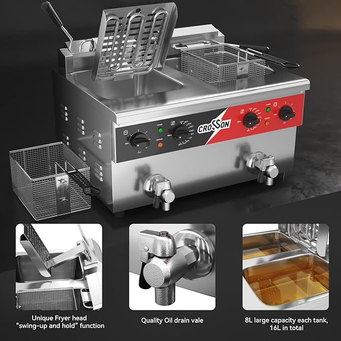 CROSSON 16L Dual Tank Countertop Electric Deep Fryer with "Swing-up and Hold",Drain Valve,Strech forming Oil Tank and Solid Wire Mesh Basket for Restaurant Use 120V,3600W Commercial Deep Fryer