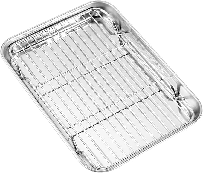 Baking Sheet with Wire Rack, Cookie Sheet Baking Pan Toaster Oven Tray with Cooling Rack, Stainless Steel Eighth Sheet Pan with Rack 9' x 7' x 1', Healthy & Non Stick & Dishwasher Safe