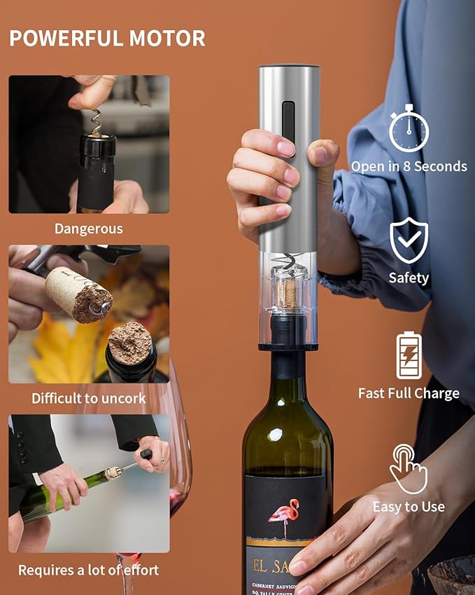 CIRCLE JOY 5-in-1 Electric Wine Opener Set Rechargeable Stainless Steel Automatic Corkscrew Wine Bottle Opener Set with Foil Cutter, Wine Aerator Pourer, Vacuum Wine Stopper and Storage Base, Silver